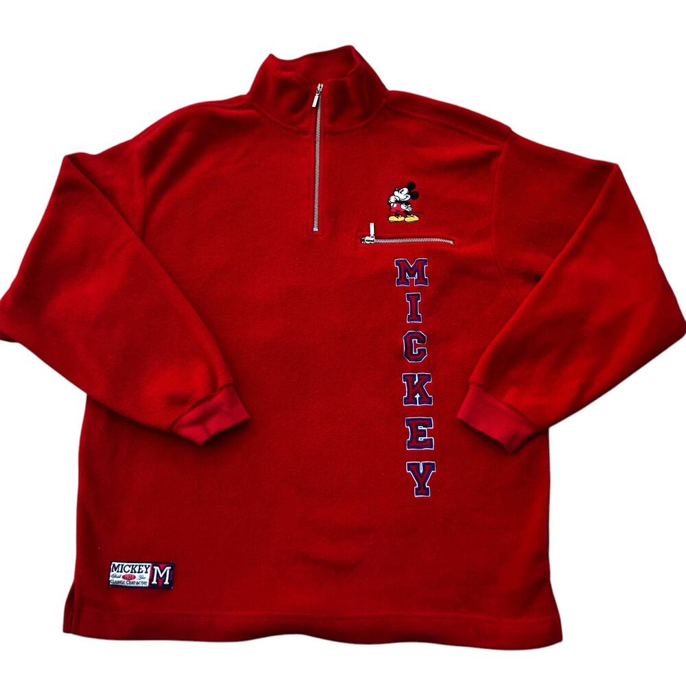 VTG Disney Store 90s Y2k Sweater Sz XL Red Mickey 1/4 Zip Pull Over Long Sleeve‎